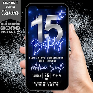 Digitales Video zum 15. Geburtstag, animierte fünfzehnte Party einladen Für Jungen, Chrom-Neon-Blau-Video-Evite für Ihn, selbst bearbeitbare eCard