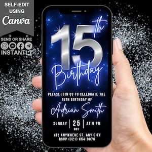 Digital Video 15th Birthday Invitation, Animated Fifteenth Party Invite For Boys, Chrome Neon Blue Video Evite For Him, Self Editable eCard