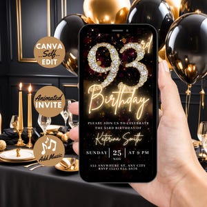 93er Digitaler Flyer Geburtstagseinladung, Überraschungs-93-Dinner-Party einladen, Gold Diamant Video Einladung für Frauen, Selbstbearbeitung DIY-Vorlage eCard