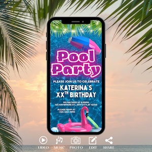 Digital Pink Pool Party Invitation, Summer Video Invite, Birthday Bash Invite For Girls, BBQ Splash Party Evite, Editable Template eCard
