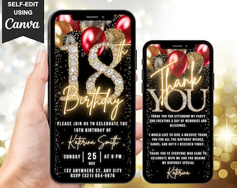 Invito digitale per il 18° compleanno, invito animato per il 18° compleanno, invito video per festa a sorpresa con diamanti, nero, oro e rosso, biglietto di ringraziamento elettronico modificabile.