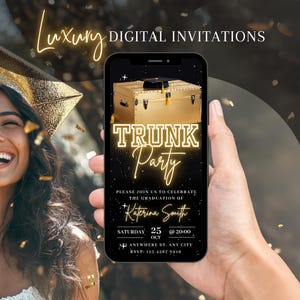 Digital Graduation Trunk 2025 Party Invitation, Animated Gold Grad Announcement Invite, High School Evite, Self Edit Ceremony Template eCard
