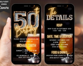 Invitación editable para el 50 cumpleaños de un hombre, invitación a una cena rústica con barbacoa y cerveza.