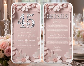 Digital 45th Birthday Invitation, Surprise 45 Dinner Party Invite, Elegant Soft Pink Video Evite For Women, Self Editable DIY Details eCard