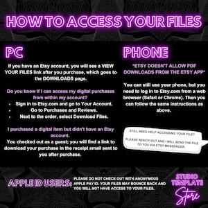 K&ouml;nnte beinhalten: Eine pinkfarbene und schwarze Grafik mit dem Text "HOW TO ACCESS YOUR FILES" in Wei&szlig;. Die Grafik enth&auml;lt Anweisungen, wie Sie auf digitale Dateien zugreifen, die Sie bei Etsy.com gekauft haben. Die Grafik ist in drei Abschnitte unterteilt: PC, TELEFON und APPLE ID-BENUTZER. Die Grafik enth&auml;lt Anweisungen zum Zugriff auf Dateien von einem Computer, einem Telefon und einer Apple ID.