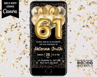 61st Birthday Digital Invitation, Electronic Birthday Party Invite