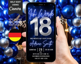 Deutsche Digitale Einladung Geburtstag 18, Animated Blue Silver 18th Invite, Eighteenth Dinner Party Evite, Self Editable Template eCard
