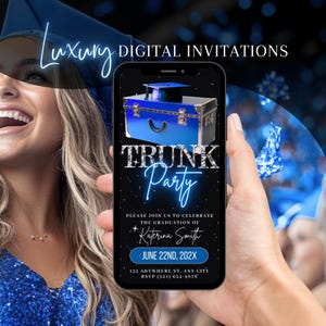 Invito digitale per la festa di laurea, invito animato per la festa di addio al college blu, invito per l&#39;addio al diploma, eCard auto-modificabile