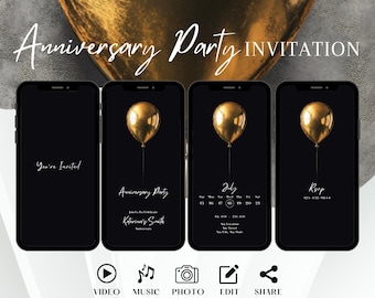 Minimalist Anniversary Party Invitation Wedding, Elegant Vow Renewal Invite, Classy Gold Digital Template, 20th, 40th, 50th Editable Ecard