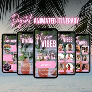Digital Mexico Birthday Weekend Invitation, Animated Travel Cancun Itinerary, Pink Cabo Vacation Schedule Trip, Editable Planner Template