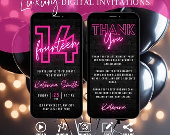 Digital 14th Birthday Invitation, Animated Pink Sweet 14 Dinner Party Invite For Women, Fourteenth DIY Evite, Self Editable eCard For Girls
