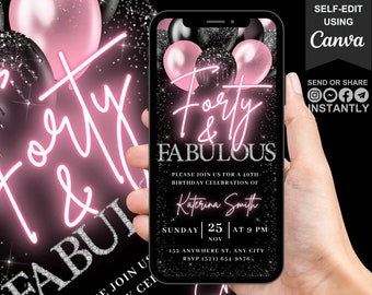Digital 40 And Fabulous Birthday Invitation For Women, 40th Video Lets Brunch Blush Pink Forty Party Invite For Her, Editable Template eCard