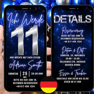 Deutsche Digitale Einladung Geburtstag 11, Animierte Blau Silber 11