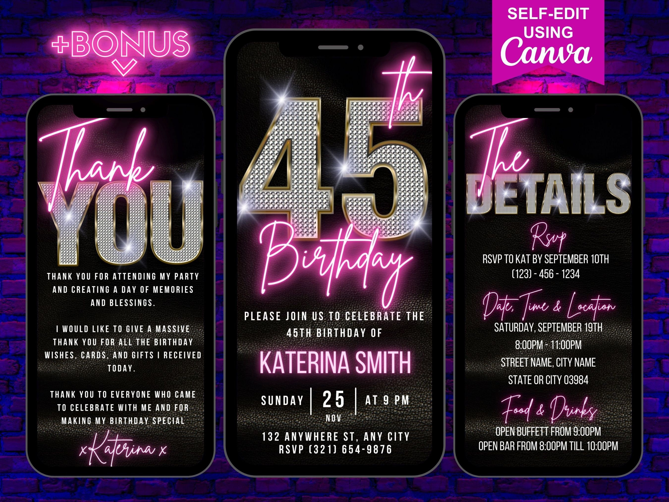 Digital 45th Birthday Invitation, Animated 45 Party Pink Bling Invite ...