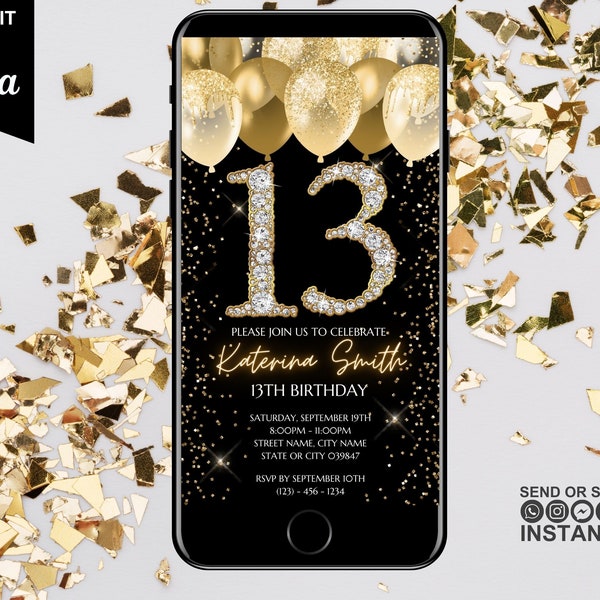 Digital 13th Birthday Party Invitation, Electronic Phone Text Evite, Black Gold, Diamond Balloons, Instant Download, Editable Template