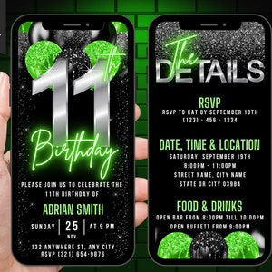 Digital 11th Birthday Invitation for Boys, 11th Birthday Invite For Girls, Animated Neon Green 11 Year Old Evite, Editable Itinerary eCard