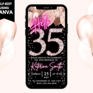 35th Birthday Digital Hello Invitation, Electronic 35th Birthday Party Invite, Rose Gold Diamonds Neon Font, Text Evite, Editable Template