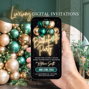 May include: A digital invitation for a bachelorette party with a black background and gold and green balloons. The text reads "Bachelorette Party" in neon lights. The invitation includes the date, location, and RSVP information.