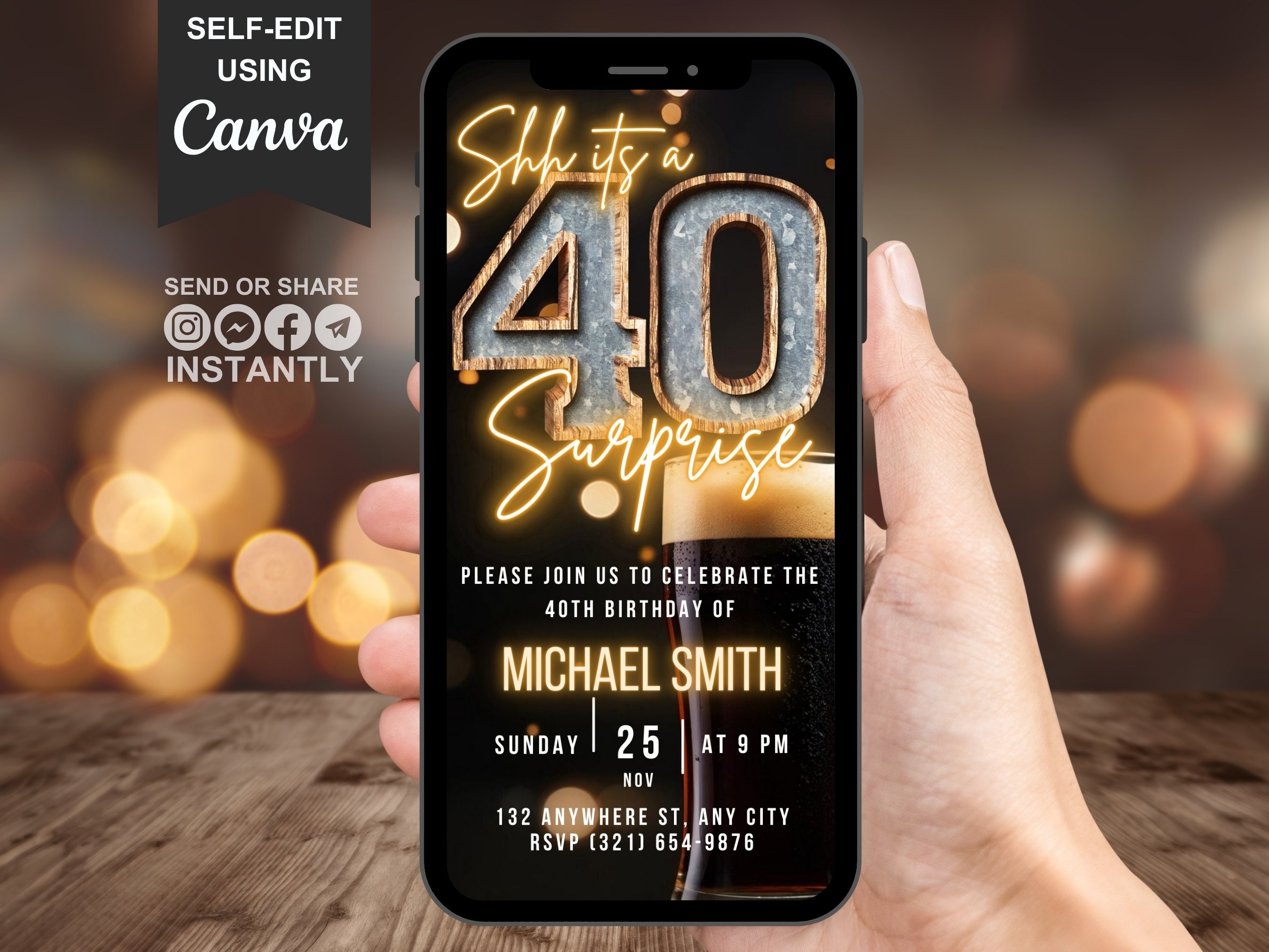 Digital Surprise 40th Birthday Invitation For Men, 40 Beer Invite For Him, Rustic Backyard BBQ Party Evite For Man, Self Edit Template eCard