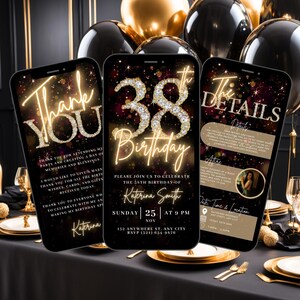 May include: A digital invitation for a 38th birthday party with a black background and gold glitter accents. The invitation features the text "38th Birthday" and the name "Katerina Smith".