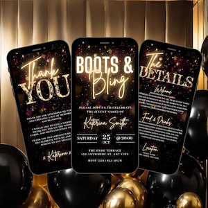 Digital Flyer Boots and Bling Invitation, Cowboy Boots Birthday Video Invite, Gold Western Ladies Party Evite, Self Edit DIY Itinerary eCard