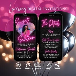 Digital Sweet 16 Photo Invitation, 16th birthday invite For Her, 16th Party Pink Evite, Animated Sweet Sixteen, Editable Itinerary eCard