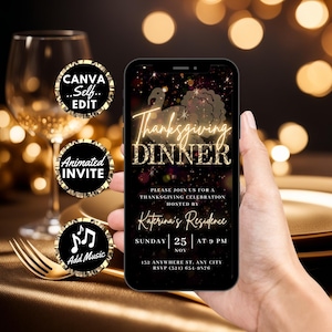 Digitale Einladung zum Thanksgiving-Dinner, Animierte Herbstparty Video Familie Einladen, Türkei Friendsgiving Einladung, Selbstbearbeitung DIY Vorlage eCard