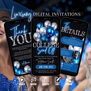 Invito digitale per la festa di laurea, invito per la festa del baule blu, invito elettronico per la festa di laurea, modello di biglietto d&#39;auguri digitale