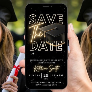 Faire-part de remise des diplômes numérique Save The Date, faire-part de fête universitaire or animé, elle l'a fait Eviter, modèle de carte électronique auto-modifiable