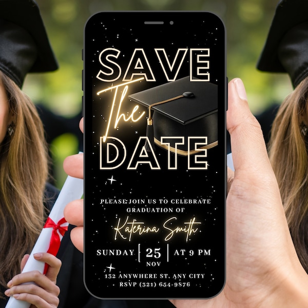 Digital Save The Date Graduation Invitation, Animated Gold College Party Announcement Invite, She Did It Evite, Self Editable Template eCard