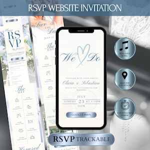 May include: A digital wedding invitation displayed on a smartphone screen. The invitation features the words "We Do" in a heart-shaped design, along with the names Olivia & Sebastian and the wedding date. Additional features include a countdown timer and a map pin location.
