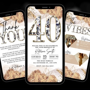 Digital 40th Birthday Invitation, Animated Gold Silver 40 Glam Diamond Invite For Her, Luxury Evite, Editable Itinerary & Thank You eCard