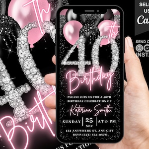 Digital 40th Birthday Invitation, Blush Pink Girls 40 Balloon Diamond Invite For Her, Womens Animated Evite, Self Editable Template eCard