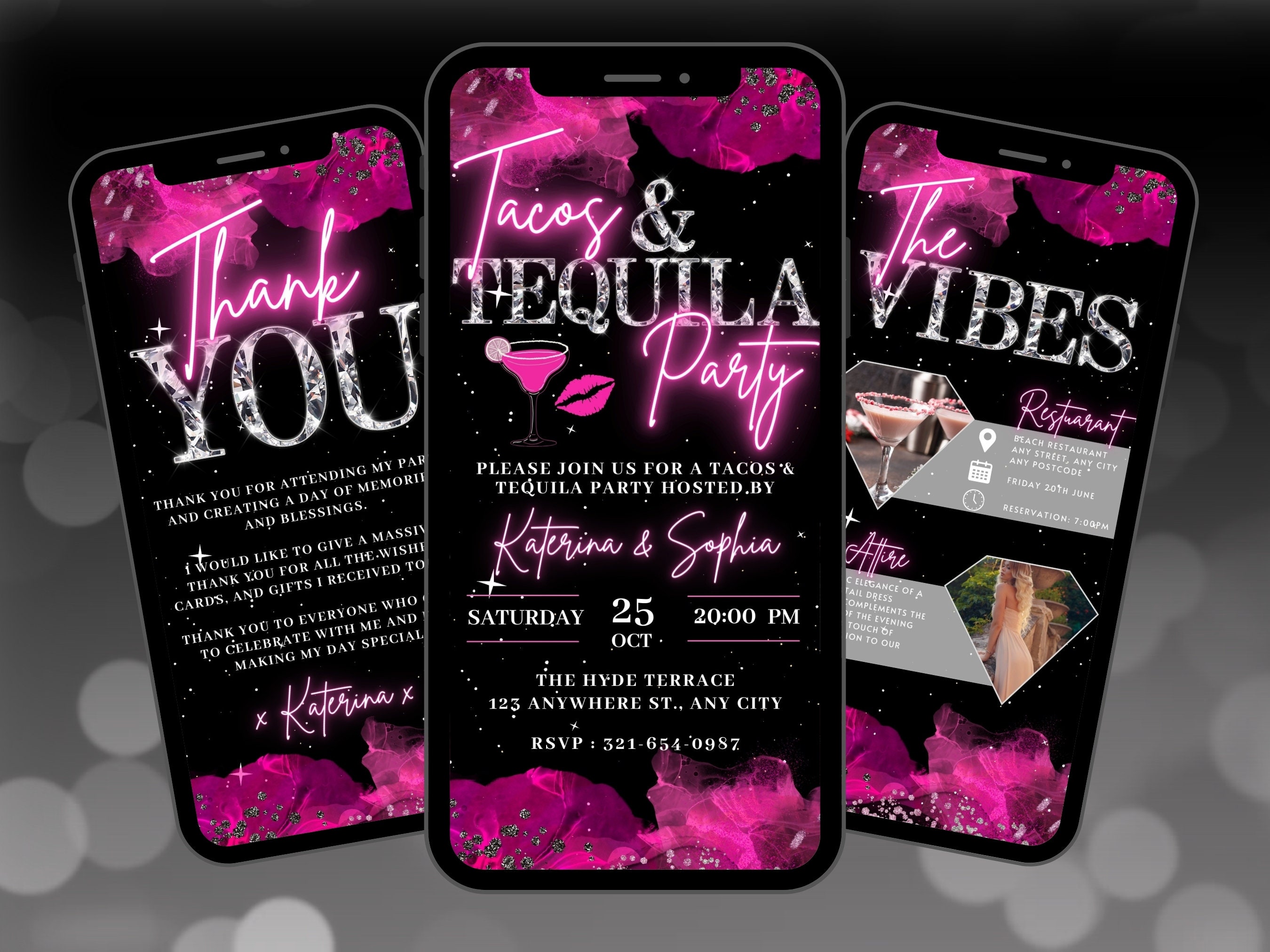 Digital Tacos & Tequila Invitation, Animated Hot Pink Tropical Birthday Invite, Backyard BBQ Evite, Editable Itinerary and Thank You eCard