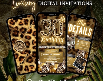 Faire-part 30e anniversaire pour elle, fête imprimé léopard, invitation numérique guépard or, modèle modifiable