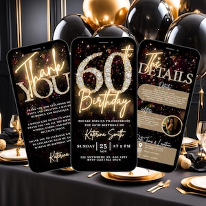 Dépliant numérique pour 60e anniversaire, invitation à un dîner surprise 60 ans, invitation vidéo 60e or pour femme, carte électronique d'itinéraire bricolage à modifier soi-même