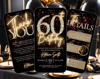 60th Digital Flyer Birthday Invitation, Surprise 60 Dinner Party Invite, Gold Sixty Video Evite For Women, Self Edit DIY Itinerary eCard