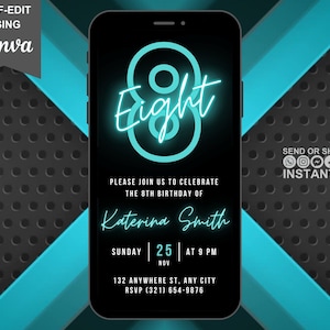 Digital 8th Birthday Party Blue Neon Invitation, Electronic Phone Text Message Evite, Editable Animated Template, Teen Birthday For Boys