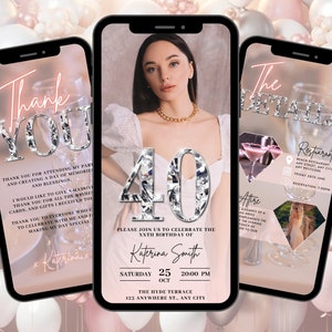 Digital 40th Birthday Invitation, Animated Rose Gold Dinner Party Invite, Womens Pink Silver Brunch Evite, Self Editable Itinerary eCard