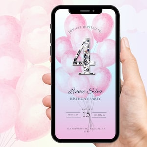 Faire-part numérique pour 4e anniversaire, invitation animée pour petite fille de 4 ans, événement marquant du quatrième anniversaire pour enfant, modèle auto-modifiable
