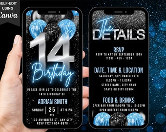 Digital 14th Birthday Invitation for Boys, Animated 14th Birthday Invite, Teenager Evite Neon Blue 14 Year Old, Editable Itinerary eCard