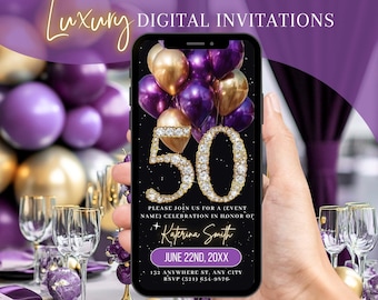 Digital 50th Birthday Invitation, Animated Purple Gold Surprise Invite, Diamond Brunch Evite, Dinner Party Editable Template Ecard For Women