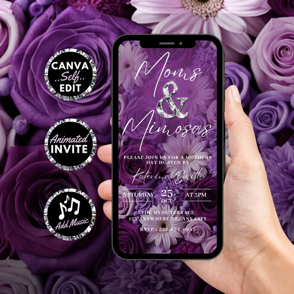 Digital Mothers Day Invitation, Animated Moms And Mimosas Invite, Happy Mothers Day Purple Floral Dinner Evite, Self Editable Template Ecard