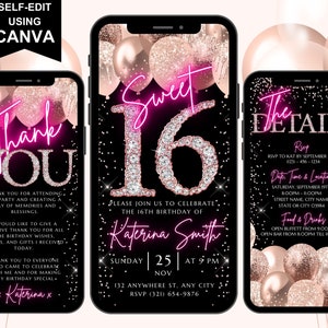 Sweet 16th Birthday Digital Invitation, Electronic 16th Birthday Party Invite Rose Gold Diamonds, Text Evite, Day Itinerary, Thank You Ecard