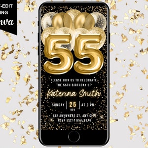 55th Digital Flyer Birthday Invitation, Gold Balloon Video Invite, Brunch Dinner Party Evite For Women, Self Edit DIY Template eCard For Men