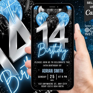 Invitation numérique 14e anniversaire pour garçons, invitation animée 14e anniversaire, adolescent Evite bleu néon 14 ans, auto-modifiable téléphone eCard