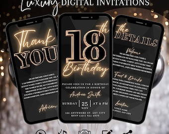 18th Birthday Party Invitation, Digital Black Gold Dinner Invite For Men, Eighteenth Video Evite For Him, Mans DIY Itinerary Template eCard
