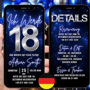 Deutsche Digitale Einladung Geburtstag 18, Invitation animée bleu argent 18e, dîner XVIIIe Evite, itinéraire électronique modifiable