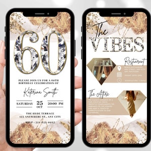 Faire-part numérique pour 60e anniversaire, invitation animée diamants glam argent blanc or pour elle, Evite de luxe, itinéraire personnalisé auto-modifiable