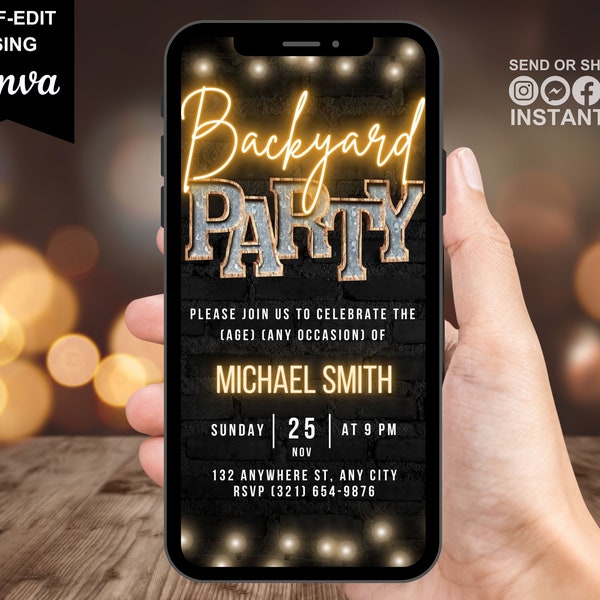 Digital Backyard Party Rustic BBQ Invitation, Backyard Barbecue Virtual Invite, Patio Party Phone Text Evite, Any Occasion Editable Template